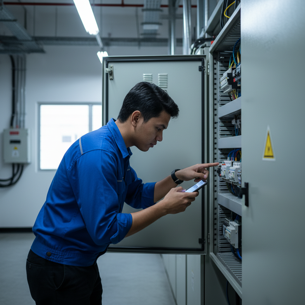 Technician checking electrical switchboard panel