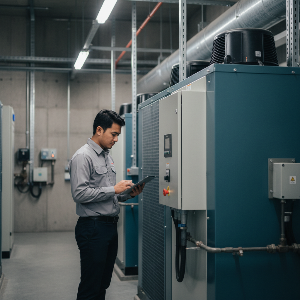 Facility manager inspecting HVAC chiller unit with tablet