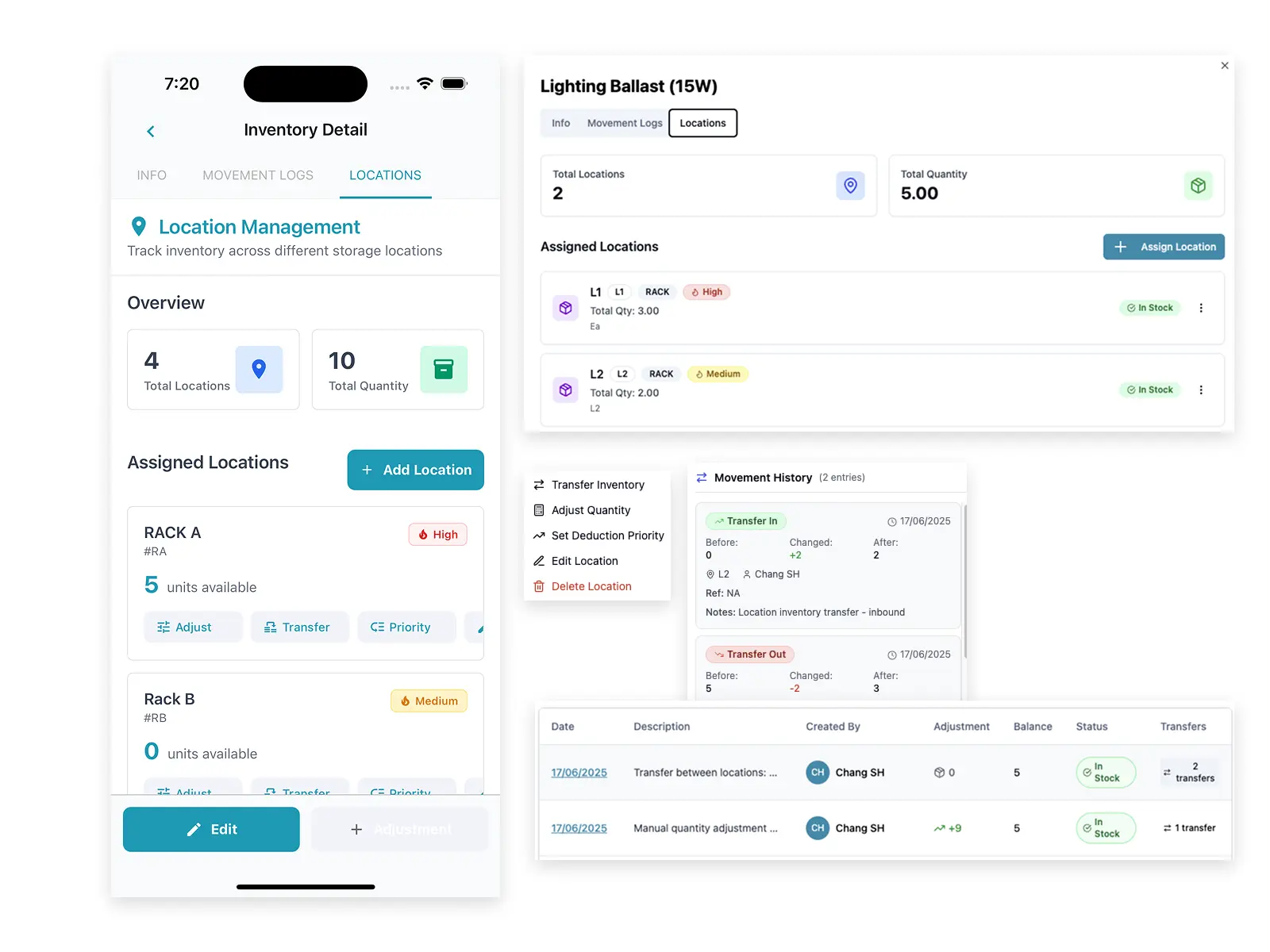 Preview of inventory tracking across locations in Cerev CMMS