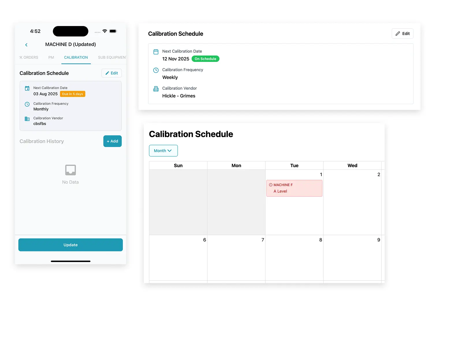 Calibration calendar view in Cerev CMMS